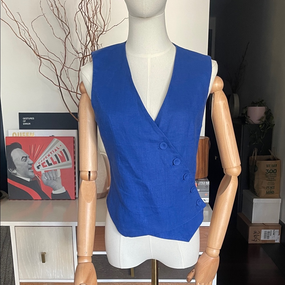 MNG Mango Linen Blue Sleeveless Buttoned Top Vest